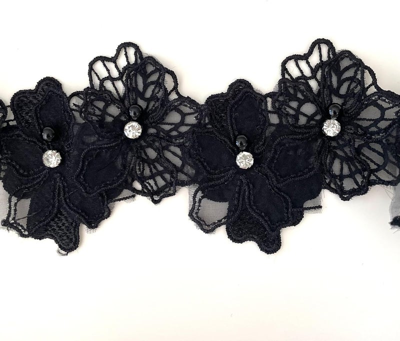 Buysk 2 Yards 3D Pearl Beads Flower Lace Trim Ribbon Floral Applique Embroidered Lace Fabric for Sewing DIY Crafts (Black) - Image 2